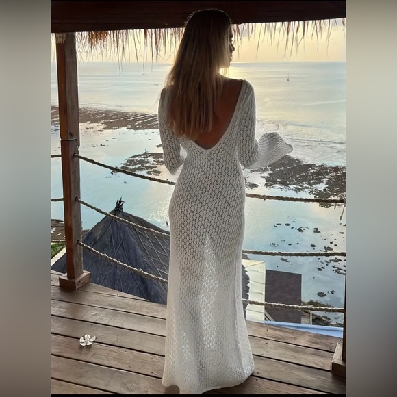 hautesales Swim Crochet Knit Fishtail Flare Sleeve Maxi Dress